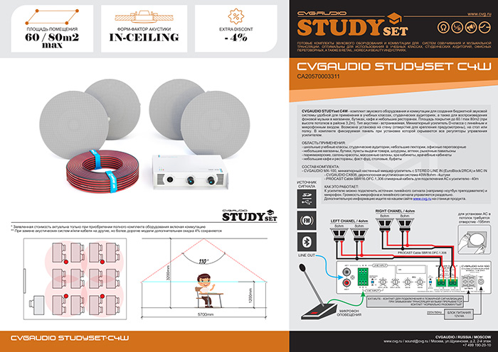 CVGAUDIO STUDYset C4W – комплект звукового оборудования для создания недорогой и качественной аудио системы для школьных учебных классов, студенческих аудиторий, офисных переговорных