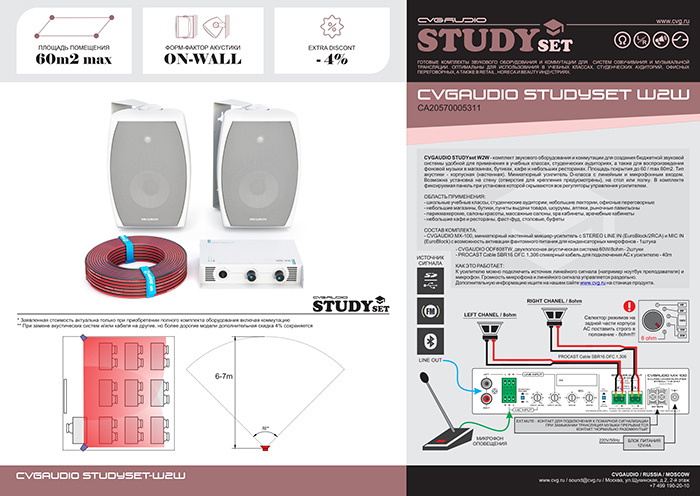 CVGAUDIO STUDYset W2W – комплект звукового оборудования для создания недорогой и качественной аудио системы для школьных учебных классов, студенческих аудиторий, офисных переговорных