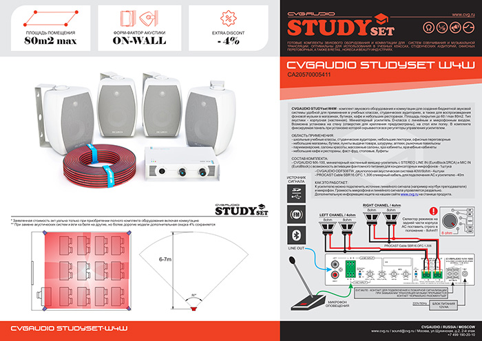 CVGAUDIO STUDYset W4W – комплект звукового оборудования для создания недорогой и качественной аудио системы для школьных учебных классов, студенческих аудиторий, офисных переговорных
